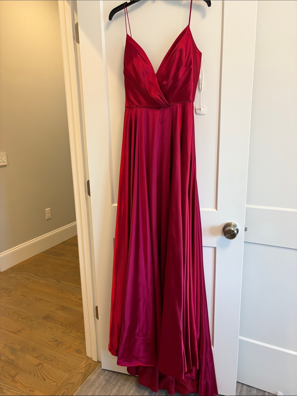 Red Satin Spaghetti Strap Formal Gown